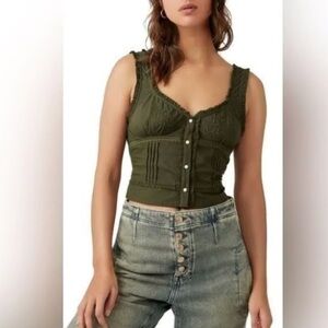 New Free People Kerry Olive Green Embroidered Western Boho Crop Top
